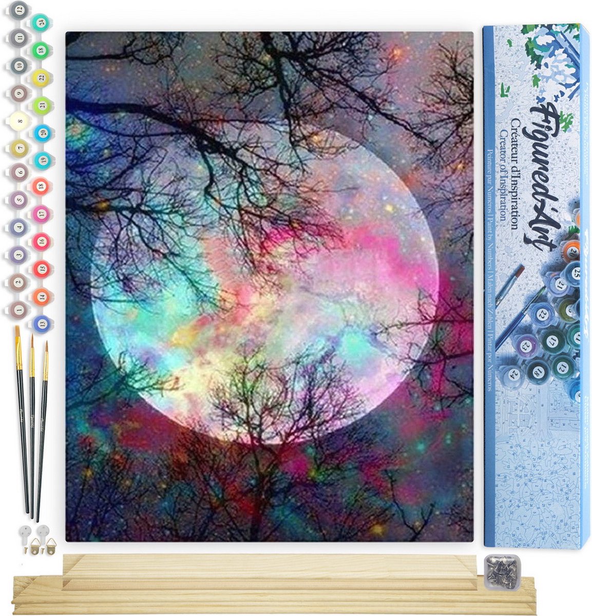 FiguredArt Schilderen op Nummer Volwassenen canvas Volle maan met kleurrijke reflecties - Handwerk acrylverf Kit DIY Compleet - 40x50cm met DIY houten lijst